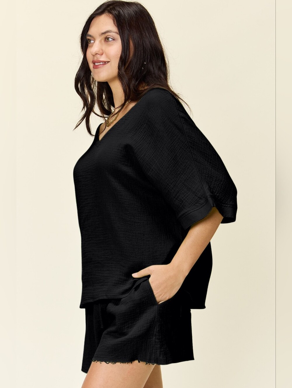 Black V-Neck Relaxed Top & High Waist Shorts Set- Women's Full & Plus Sizes - Picture 2 of 6
